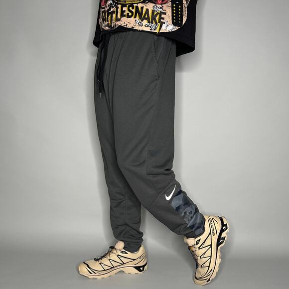 Nike Sweatpants Dark Grey Polyester Joggers White Swoosh Dri Fit